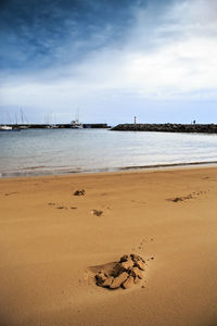 Scenic view of beach against cloudy sky