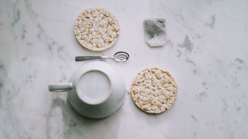 High angle view of breakfast on table