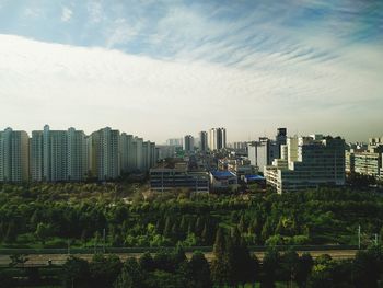 High angle view of buildings against sky