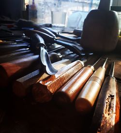 Close-up of tools on table