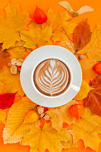 High angle view of coffee on table during autumn