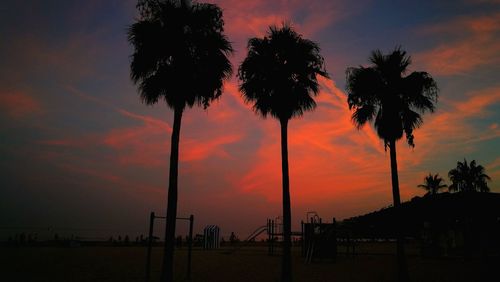 Silhouette palm trees against orange sky