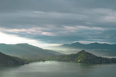 Scenic view of lake and mountains against sky