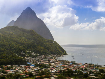 High angle view of houses and sea against sky