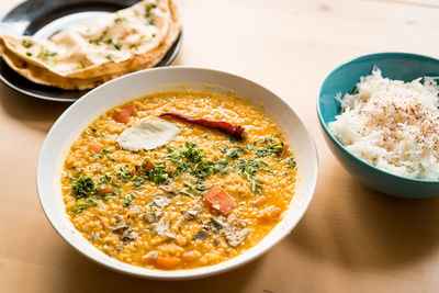 High angle view of food in bowl on table