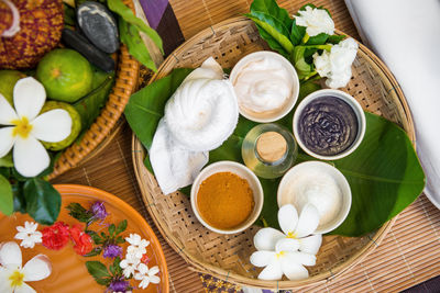 High angle view of various flowers on table