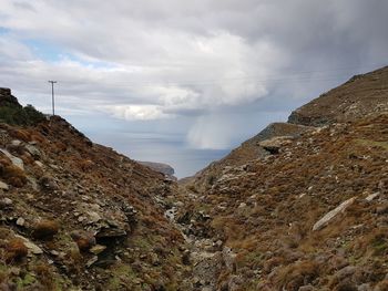 Low angle view of rocky mountains against sky