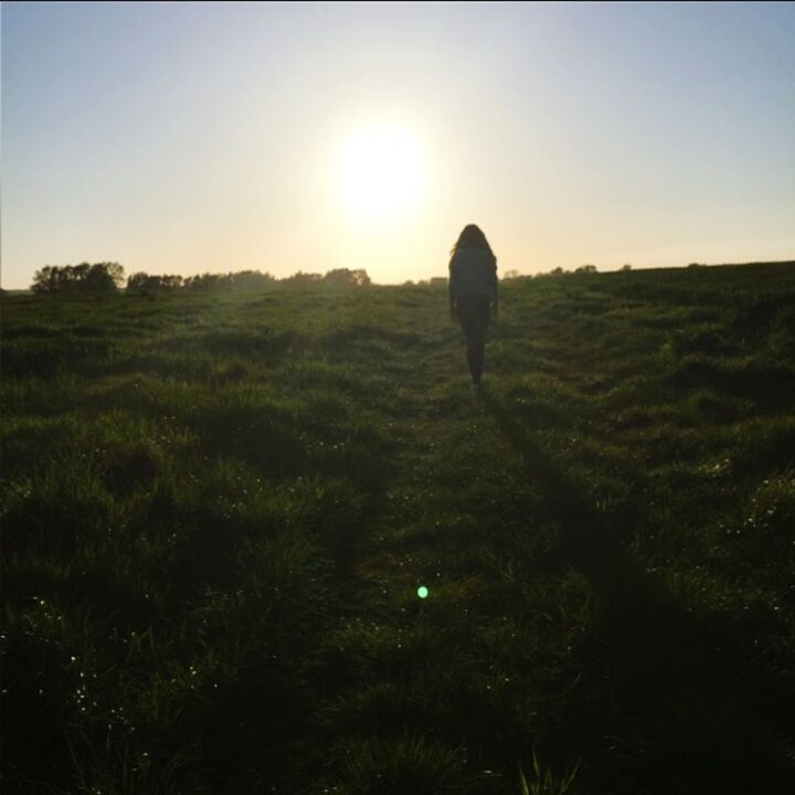 grass, field, landscape, tranquility, tranquil scene, clear sky, sun, standing, nature, scenics, rear view, leisure activity, grassy, beauty in nature, lifestyles, walking, sunset, sunlight