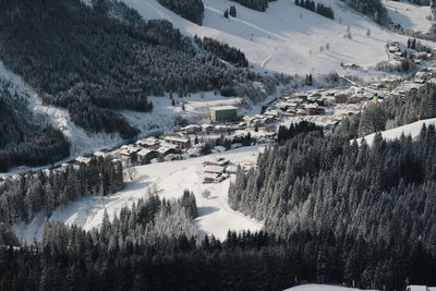 High angle view of buildings by trees during winter