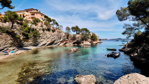 Scenic view of bay against sky