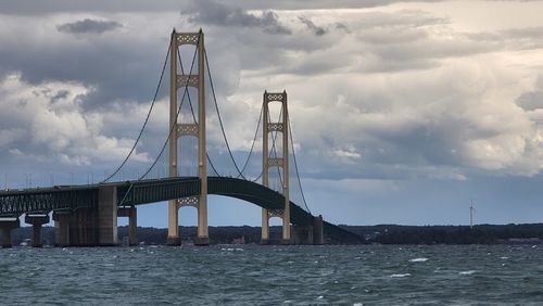 View of suspension bridge over river against cloudy sky