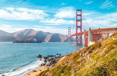 Golden gate bridge over sea against clear sky