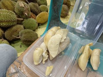 High angle view of food, durian or so called king fruit, for sale