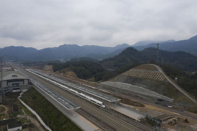 High angle view of railroad tracks against sky