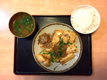 High angle view of meal served on table