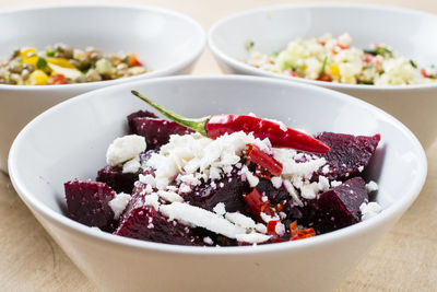 High angle view of breakfast served on table