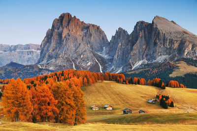 Scenic view of rock formations against clear sky during autumn