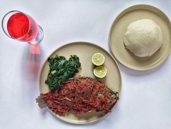 High angle view of meal served on table