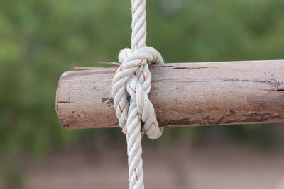 Close-up of rope tied on wooden post