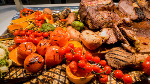 High angle view of fruits and vegetables on table