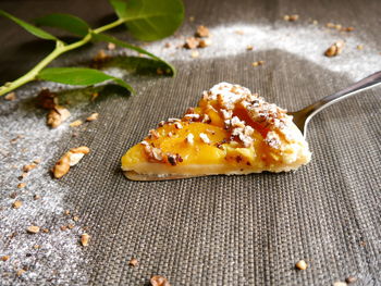 Close-up of dessert served on table