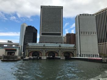 City skyline against cloudy sky