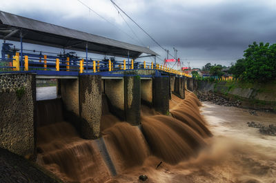 Blurred motion of bridge over river against sky