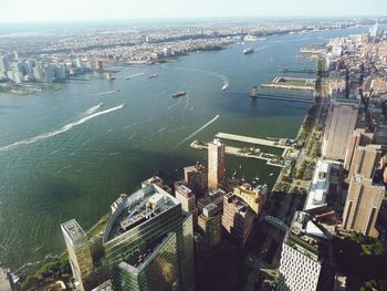 High angle view of city at waterfront