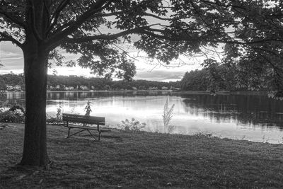 Park bench by lake