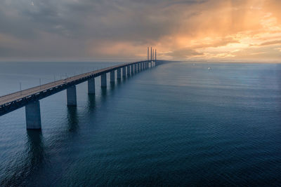 Panoramic view of oresund bridge during sunset over the baltic sea