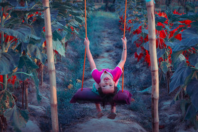 Full length of girl sitting in swing in farm