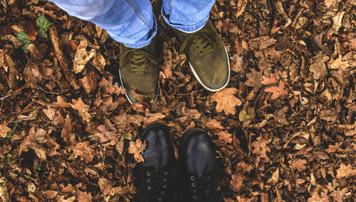 Low section of people standing on autumn leaves