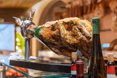 Close-up of meat on barbecue grill