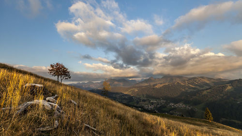 Scenic view of landscape against sky at sunset