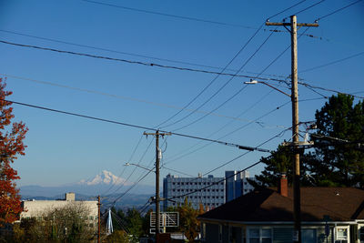 Low angle view of electricity pylon and buildings against sky