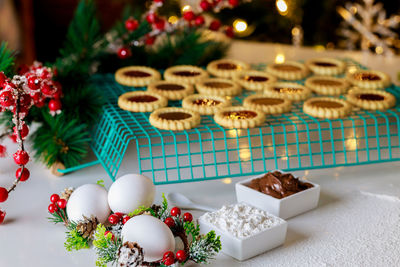 Close-up of christmas decorations on table