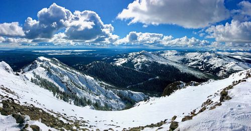 Panoramic view of snowcapped mountains against sky