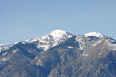 Scenic view of snowcapped mountains against clear blue sky