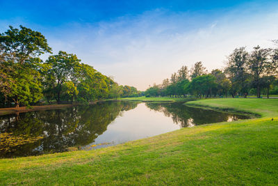 Scenic view of lake by trees against sky