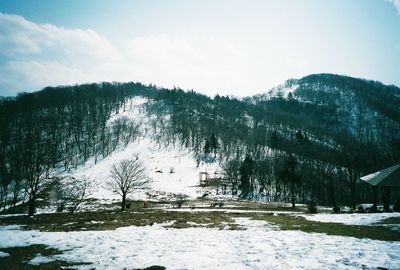 Scenic view of snow covered mountains