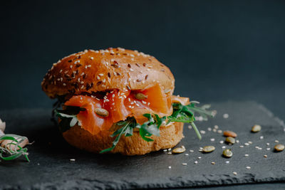 Close-up of burger on table