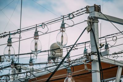 Low angle view of electricity pylon against sky