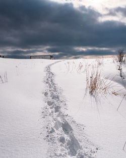 Scenic view of snow covered field against sky