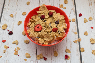High angle view of breakfast served on table