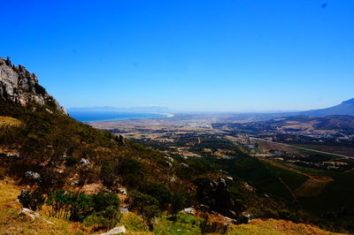 Scenic view of mountains against clear blue sky