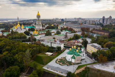 High angle view of buildings in city