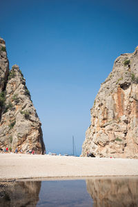 Rock formations by sea against clear blue sky