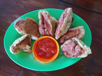 High angle view of breakfast served on table