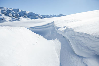 Scenic view of snow covered mountains against sky