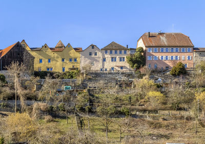 Buildings against clear blue sky